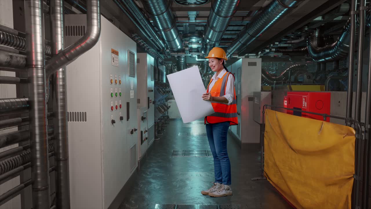 Full Body Side View Of Asian Female Engineer With Safety Helmet Looking At Blueprint In Her Hands And Looking Around While Standing In Engine Control Room, Work Of Electrical Generators