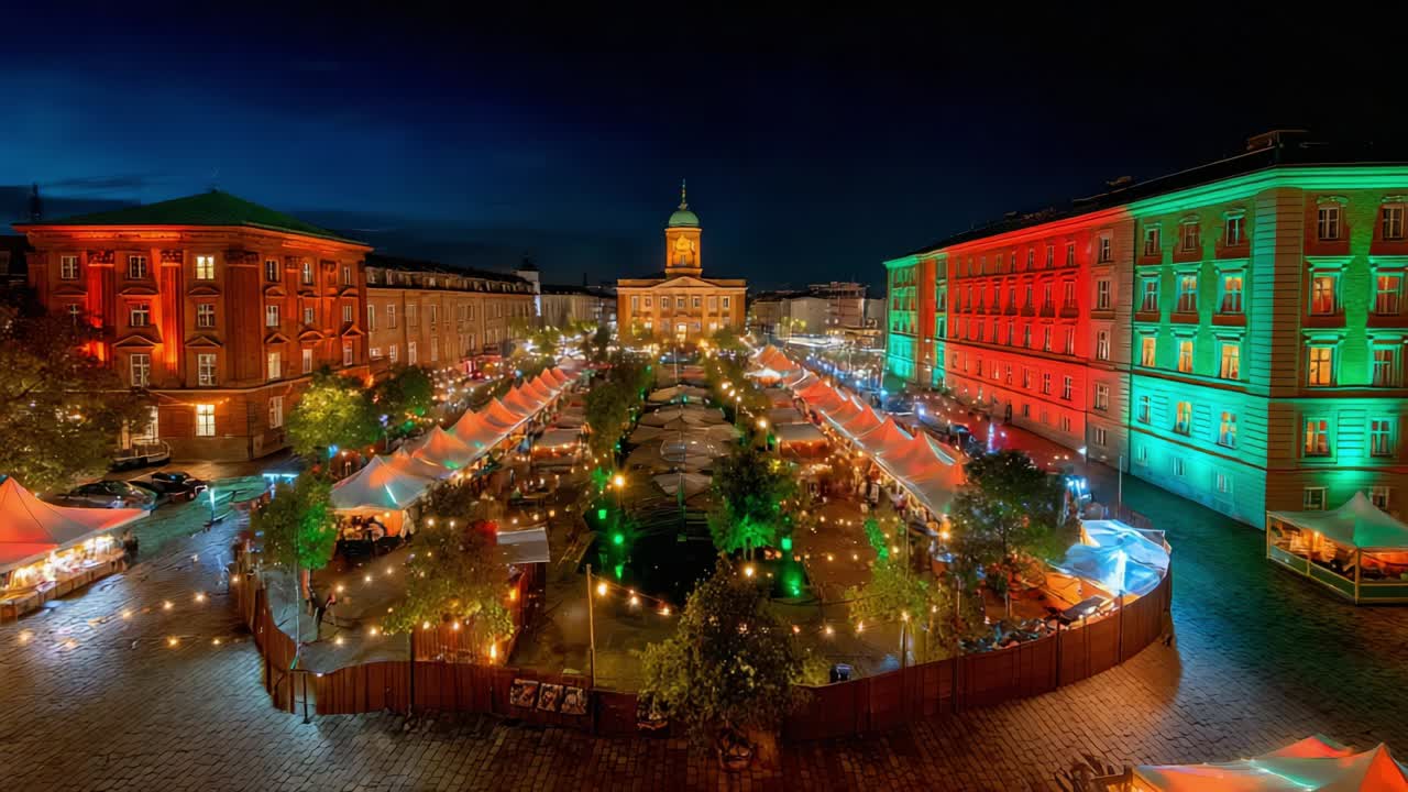 A Captivating Night Scene of a Vibrant Festival Ground, Illuminated with Multicolored Lights, Featuring Stalls and Tents Set Against Historic Architecture, Creating an Enchanting Atmosphere for Visitors and Revelers