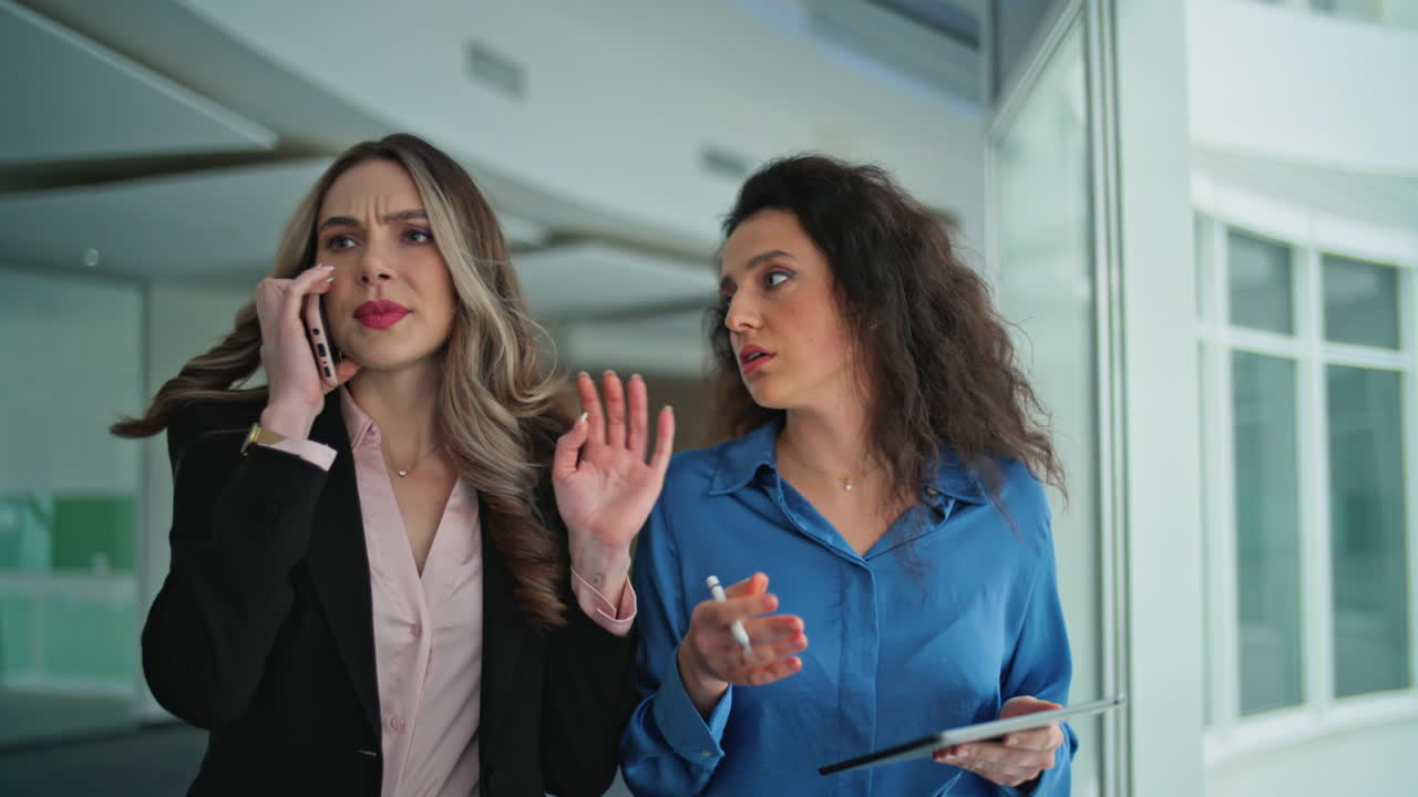 Concerned executive talking mobile phone on go. Closeup manager assisting boss