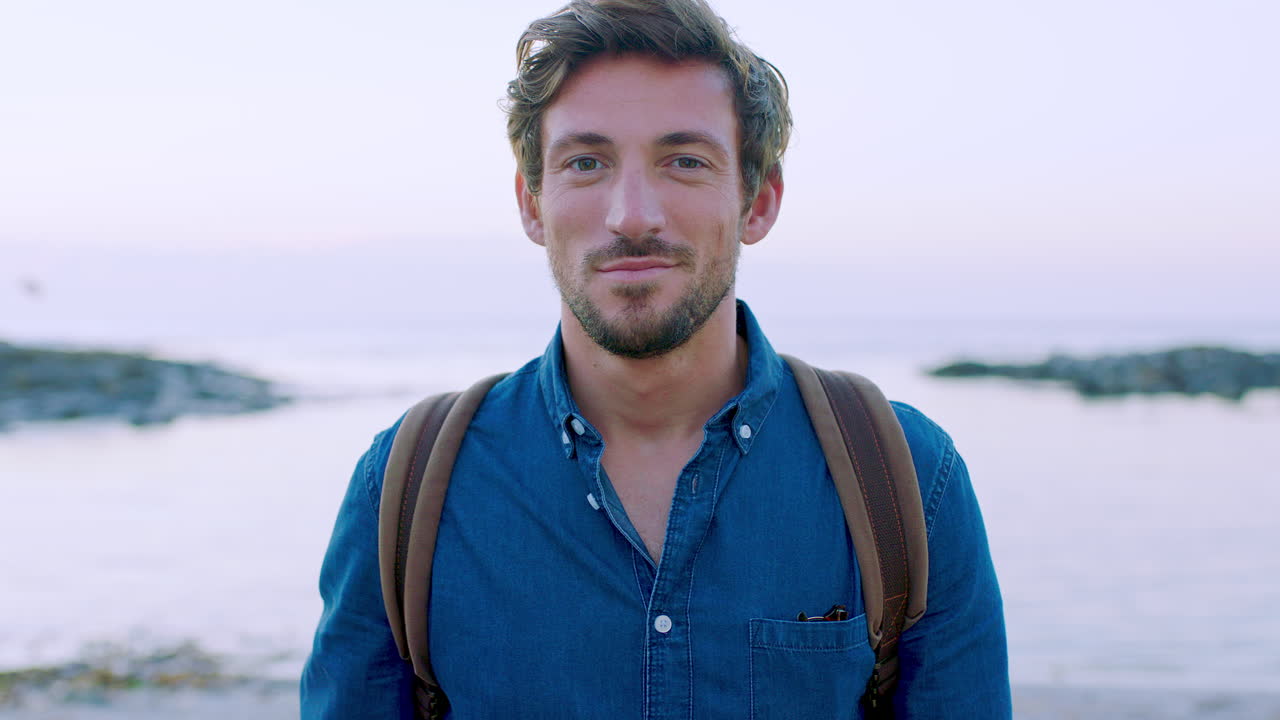 Man, face and travel, vacation and beach