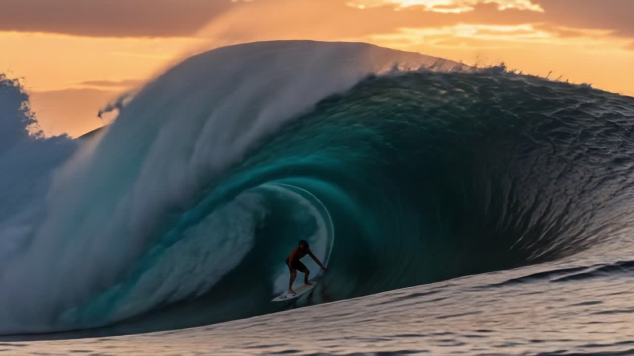 Un surfista naviga un'impressionante formazione d'onda mentre il sole tramonta, catturando l'emozione e la bellezza del surf all'ora d'oro.