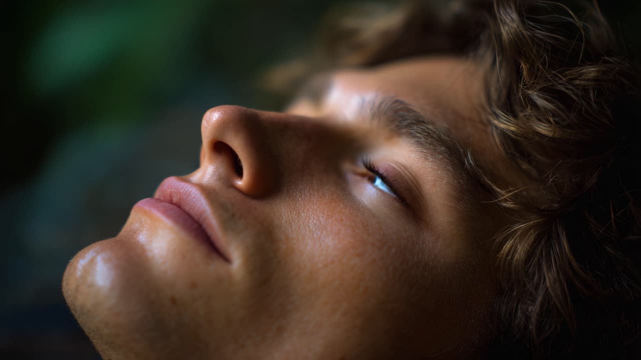 A serene close-up of a young man's face with eyes closed in peaceful contemplation, showcasing delicate features and a relaxed expression amidst a tranquil backdrop