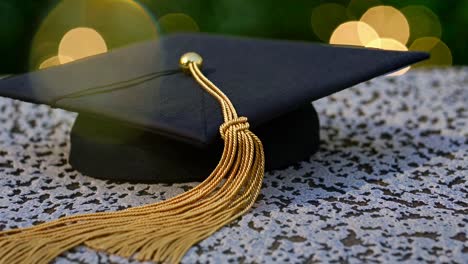 close-up of a graduation cap with a golden tassel on a textured surface, captured at a low angle