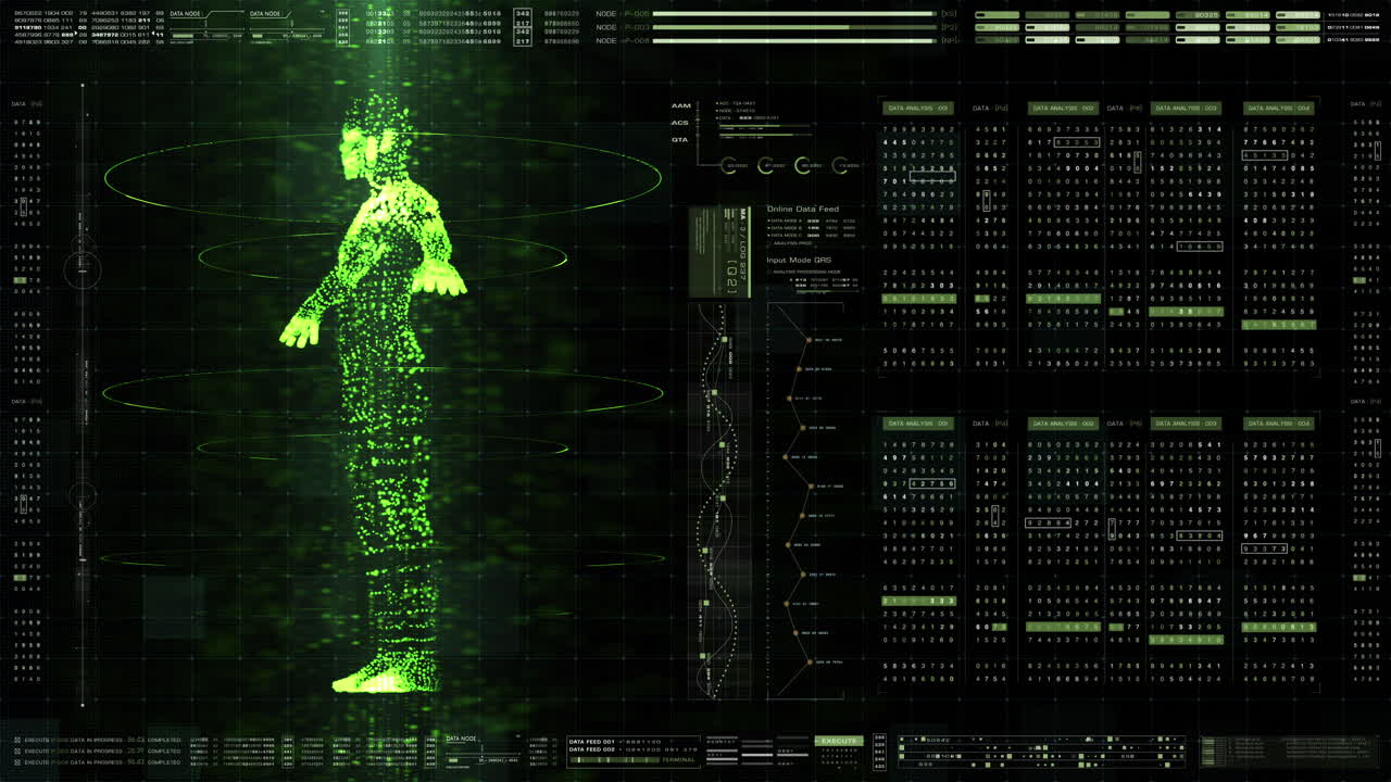 Futuristic motion element user interface information technology virtual biomedical holographic human body scan diagnostic with data display for background