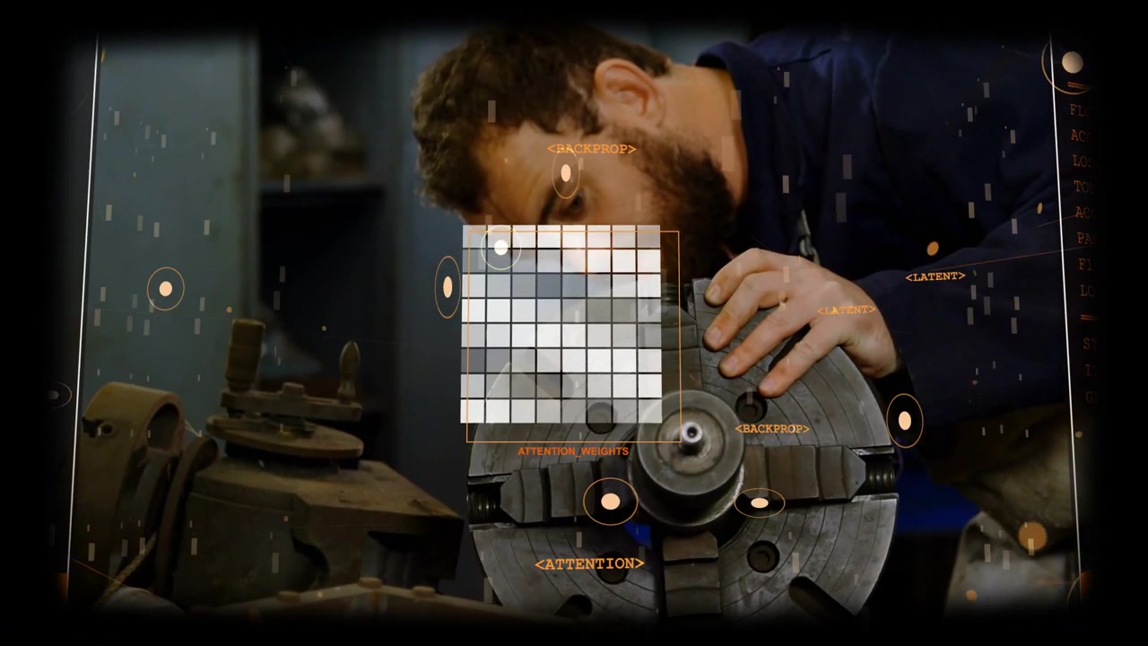 Vertical video: Machinist leaning over chuck, placing hand, tuning aligning jaws while HUD tracking