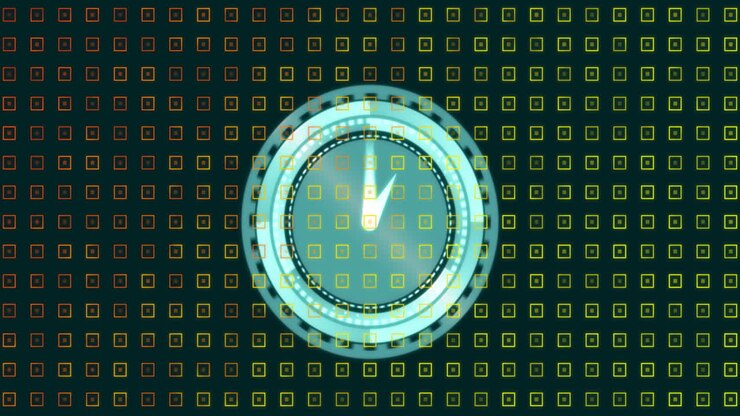 Animation of ticking clock over abstract shapes in seamless pattern against black background