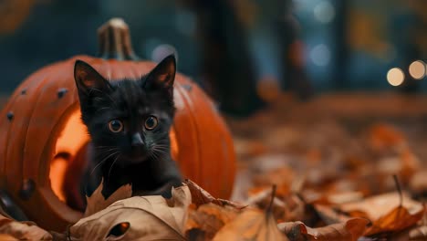 black kitten hiding behind a pumpkin in autumn leaves