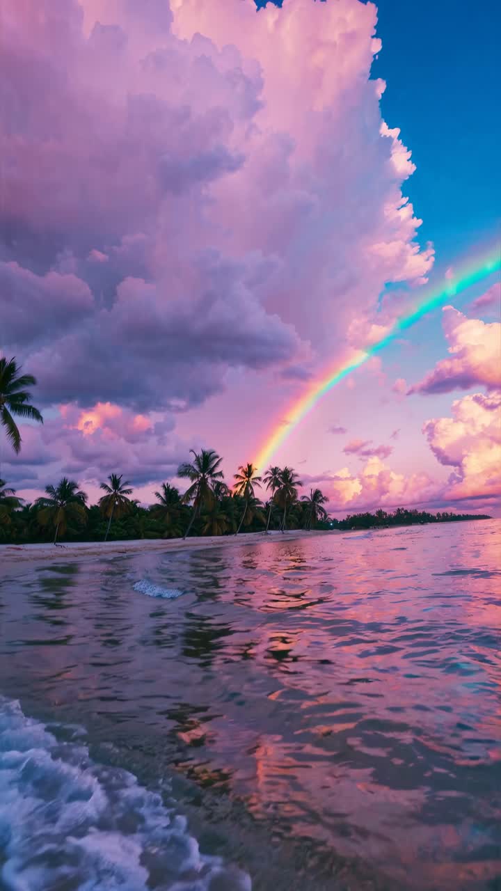 Tropical beach at sunset with a vivid rainbow, palm trees, and calm waters