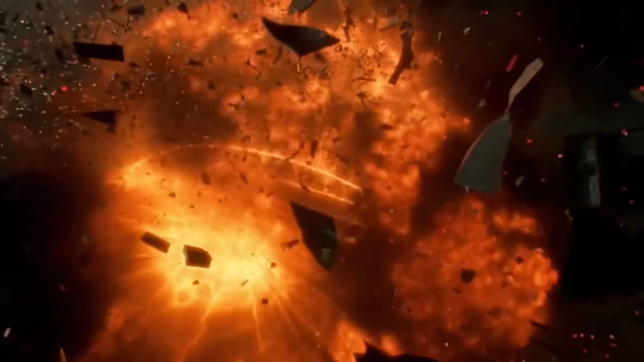 动态爆炸视频场景，近景视角，捕捉炽热碎片和强烈能量