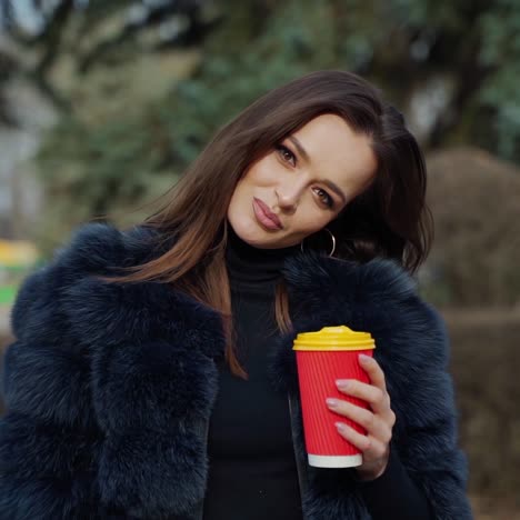 portrait of glamorous girl with plastic coffee cup. attractive young model in luxury fur coat standing in the park and smiling on camera. slow motion.