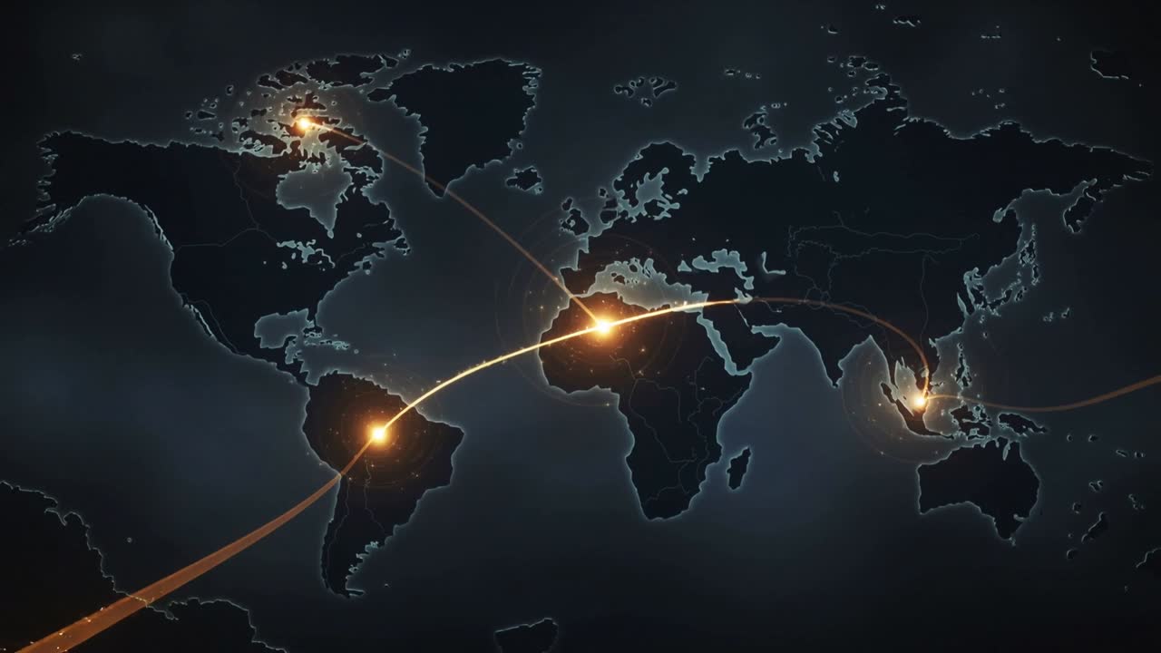 Mapa estilizado mostrando una estela lanzándose desde Sudamérica, conectando centros y visualizando una red tecnológica.