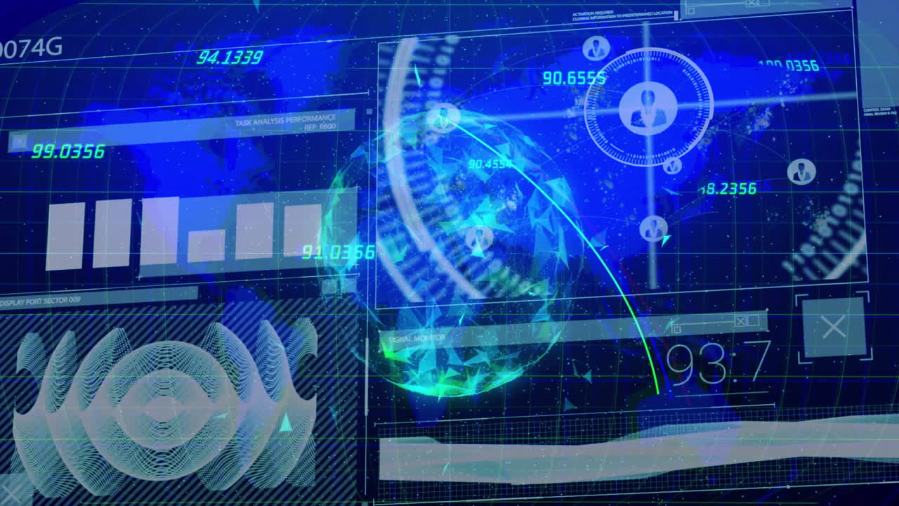 animación de datos digitales y análisis de redes globales a través de la interfaz tecnológica azul