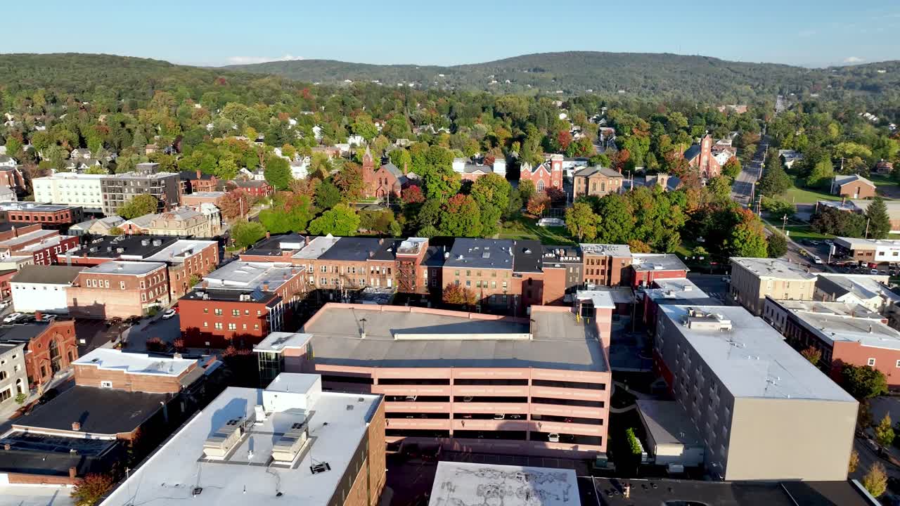 aerial push in over the town of st albans vermont