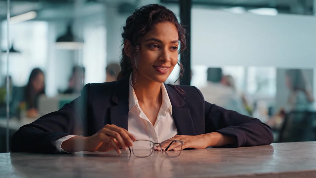 Focused Professional Contemplating at Desk in Modern Office Setting, Warm Lighting Surrounds as Colleagues Engage in Task-Driven Work in Background