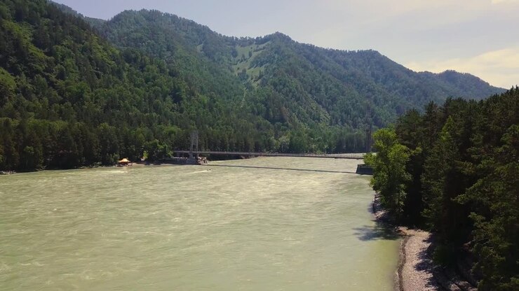 Volo aereo di ritorno su fiume di montagna e ponte automobilistico. Visibile anche una foresta di conifere.