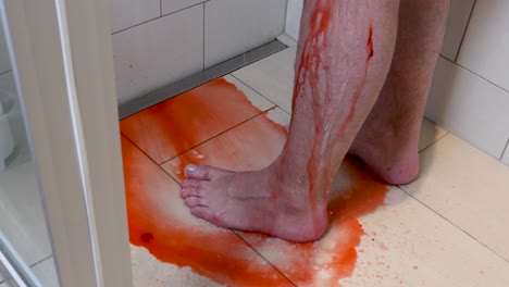 a man washing his feet and legs with water to get rid of blood drops fallen on him