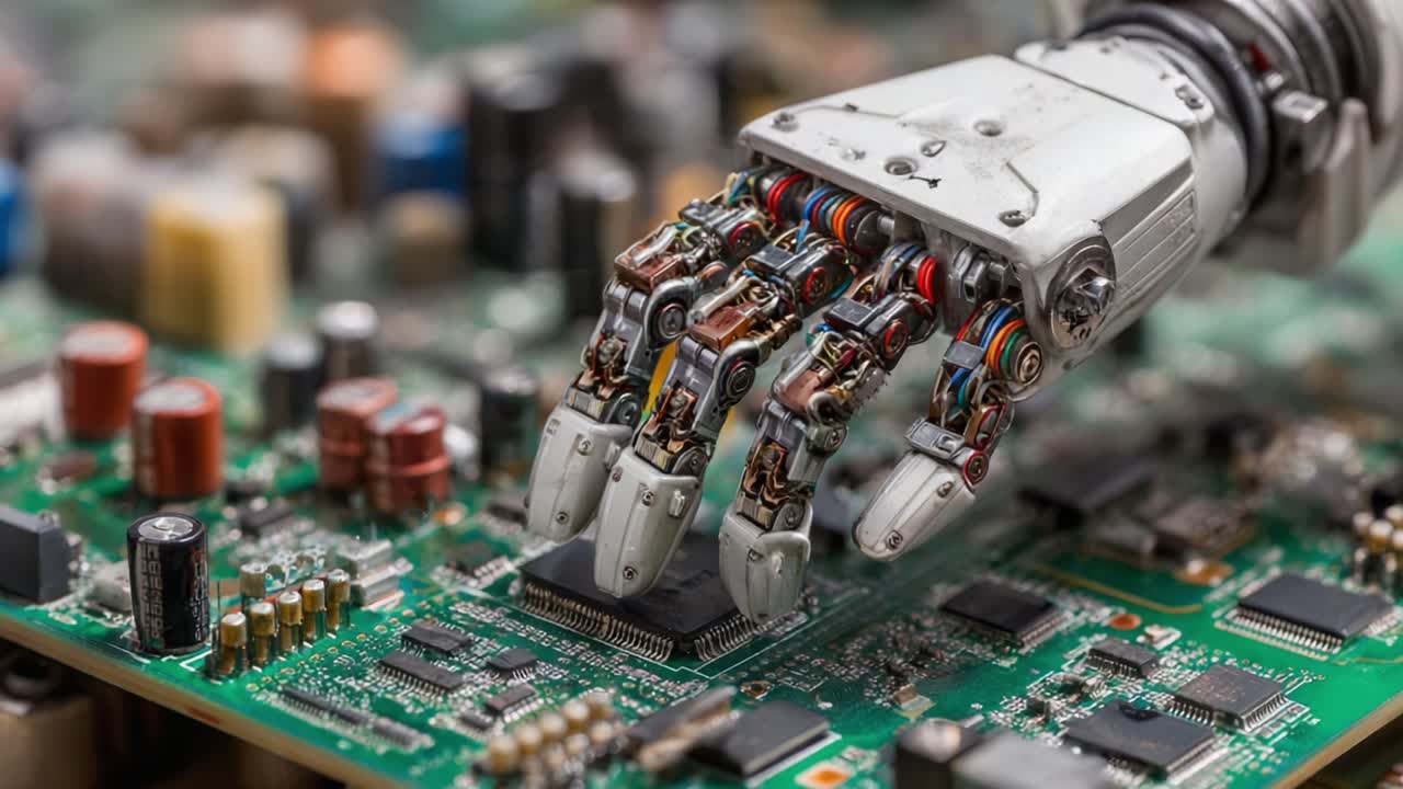 Intricate Mechanical Hand Manipulating Circuit Board Components, Showcasing Advanced Technology in Robotics and Electronics Integration