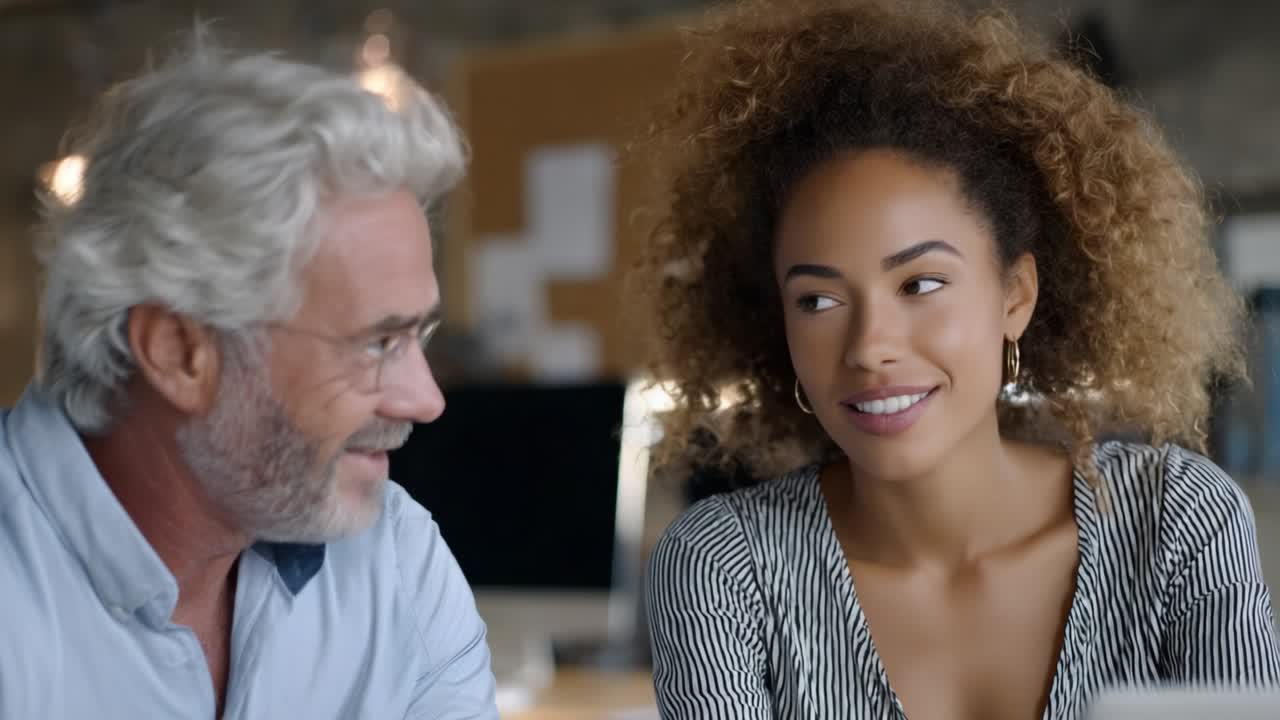 Una conversazione sentita tra due colleghi in un ambiente d'ufficio moderno, che mostra la loro connessione, il loro coinvolgimento e l'interazione positiva in un ambiente professionale ricco di creatività