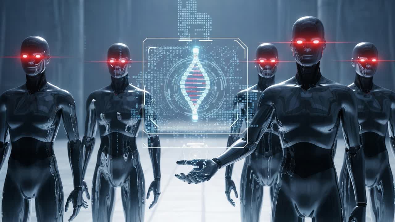 A futuristic assembly of robotic humanoids displays advanced DNA technology, showcasing an insightful merger of biology and artificial intelligence in a sleek, high-tech environment.