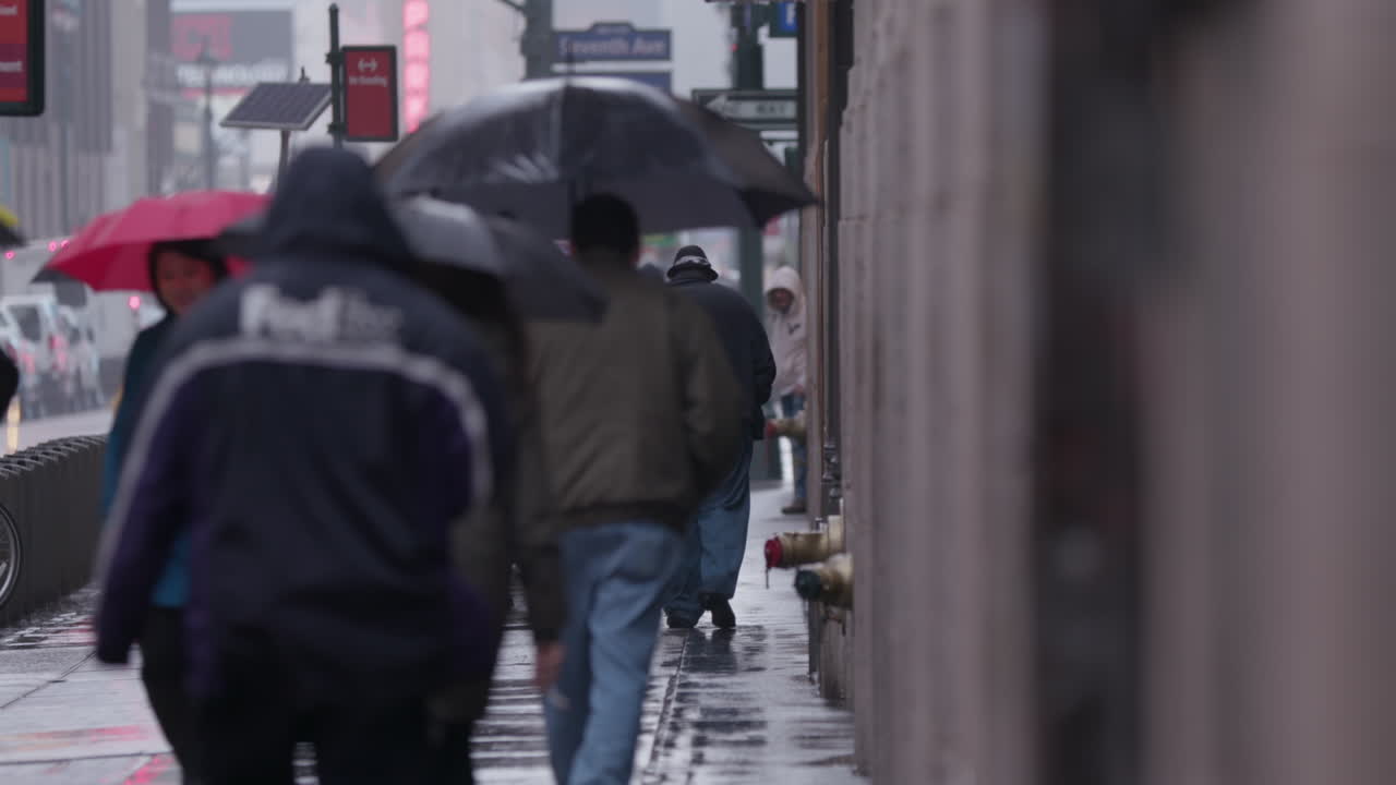 Slow Motion. Out of focus people New York City traffic. Rain, commuters with umbrellas. Manhattan NYC