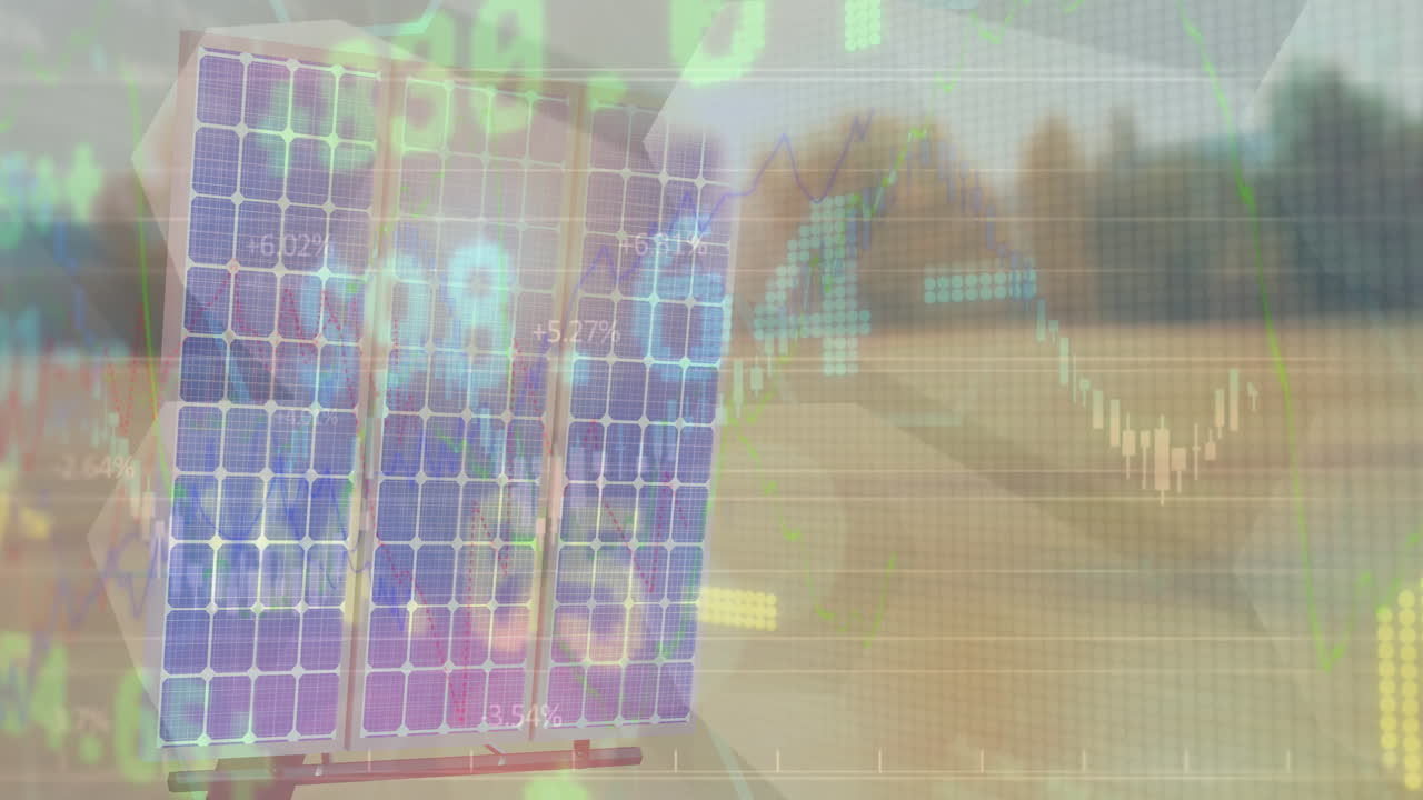 анимация обработки данных и солнечных панелей над ландшафтом