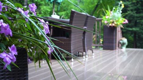 representación matutina de un patio trasero suburbano, con una terraza y jardineras