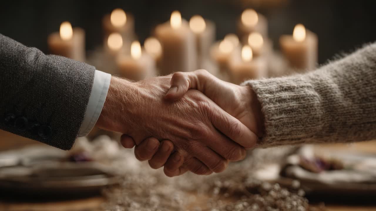 Un caloroso gesto di connessione: due mani che si stringono in un ambiente romantico, circondati da una soffusa luce di candela e da un'atmosfera intima, ideale per momenti speciali