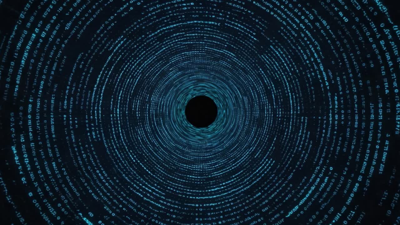 Exploring the Depths of a Digital Vortex: An Animated Journey Through Converging Lines of Code and Data Flowing into an Infinite Black Hole