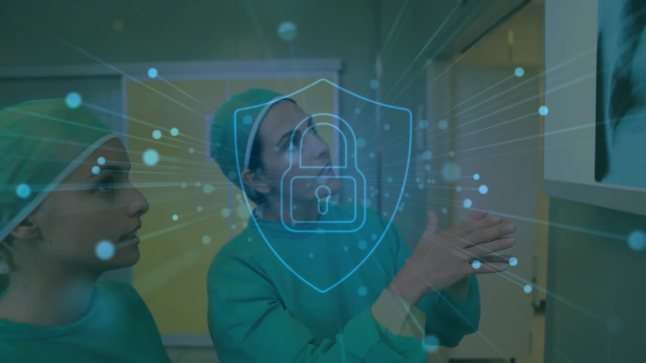 animación del icono del candado sobre diversos cirujanos por escaneo de rayos x en el hospital