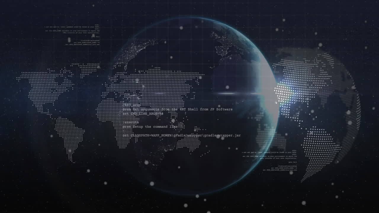 Digital animation of globe with data and coding on dark grid background