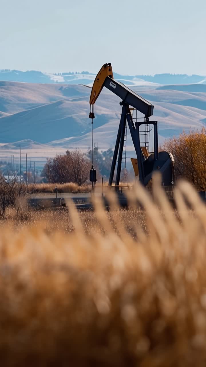 A peaceful landscape featuring a pumpjack, symbolizing the oil industry amidst rolling hills and golden grasses under a clear blue sky in the background