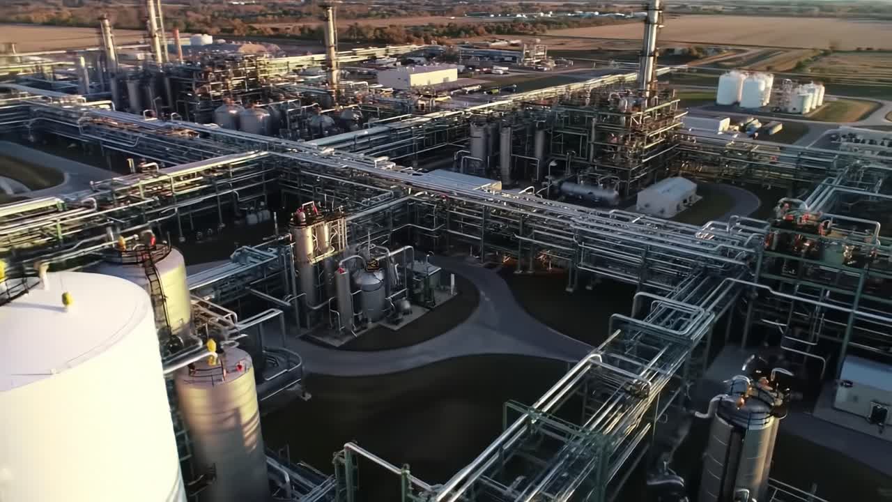 Aerial Overview of a Large Industrial Complex Showcasing Extensive Pipelines and Storage Tanks Under a Clear Sky at Dusk