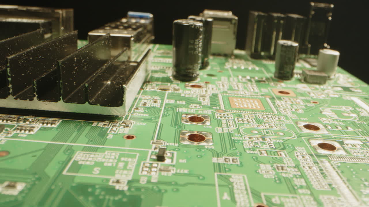 Beautiful long macro shot of a circuit board with components such as diodes, transistors and microchips on the board