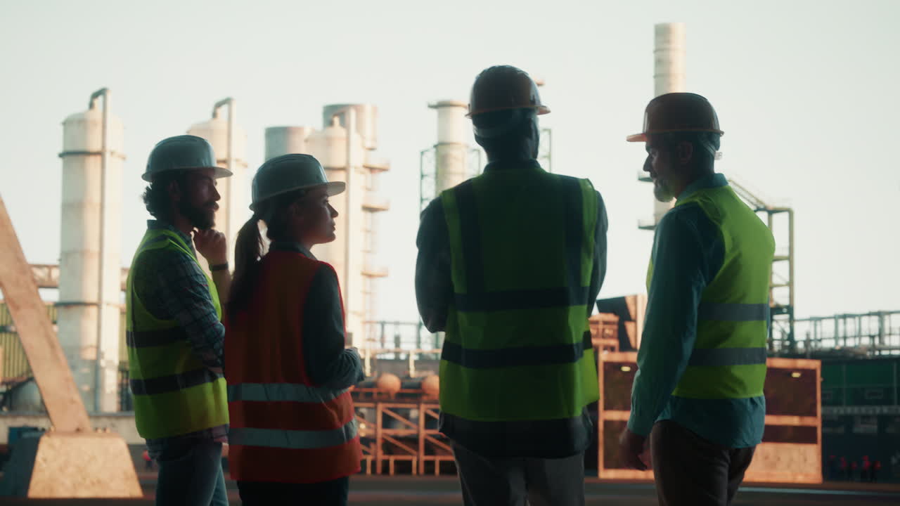 Group of engineers and workers at an industrial site