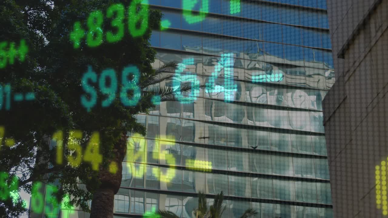 animación del procesamiento de datos financieros en edificios de oficinas modernos