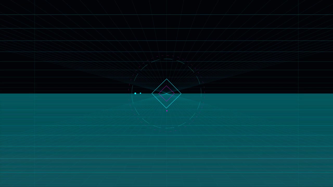 Abstract Digital Grid with Rotating Geometric Shapes