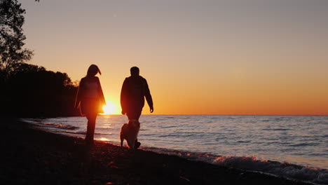 Paar-Spazieren-Hund-Am-Strand-Bei-Sonnenuntergang