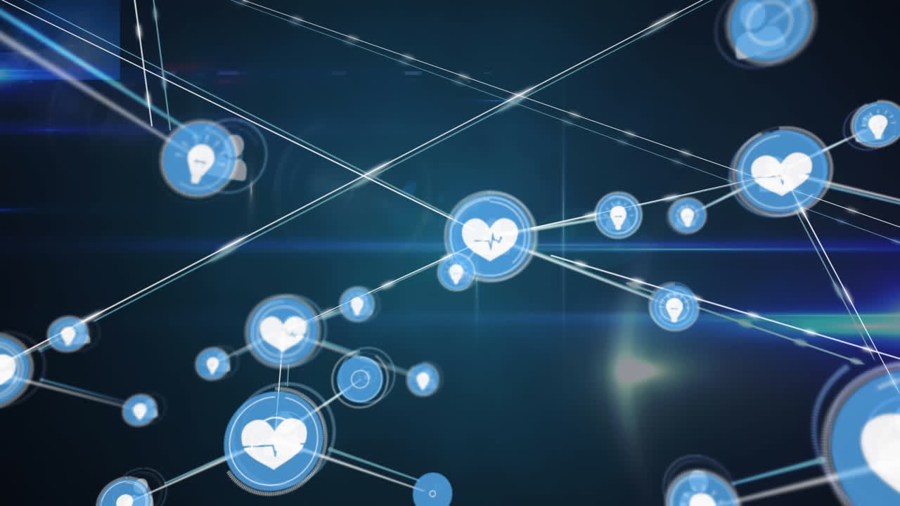 추상적인 배경의 선과 연결되는 빛의 블럽과 심장 박동 아이콘의 애니메이션