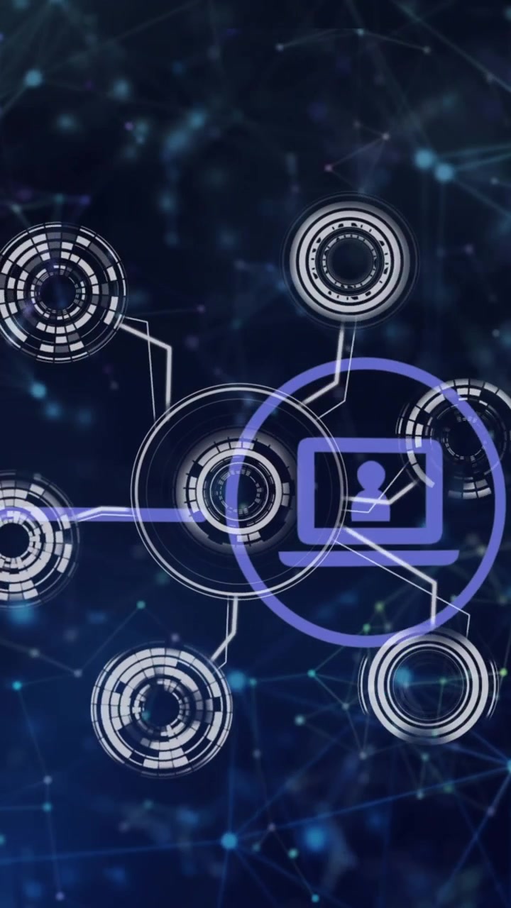 Animation of digital icons over network of connections against blue background