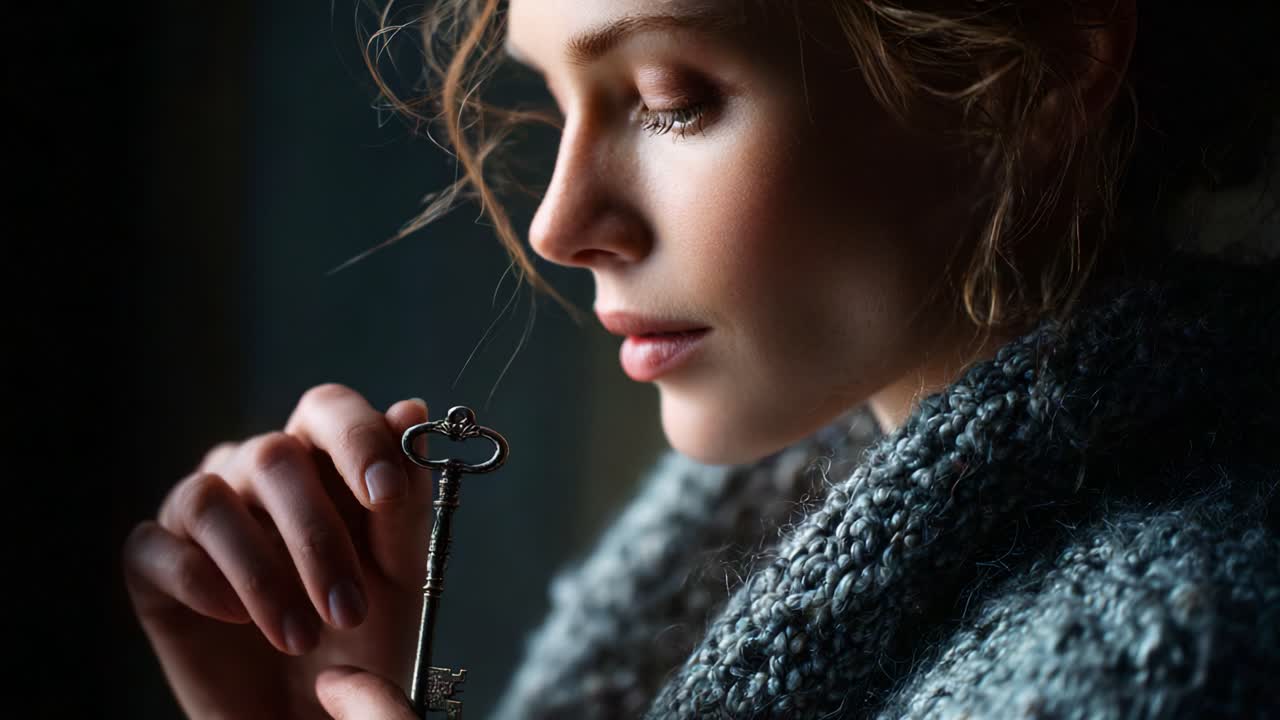 A Captivating Portrait of a Thoughtful Woman Holding a Vintage Key, Illuminated by Soft Light, Evoking Mystery and Intrigue in Atmospheric Setting