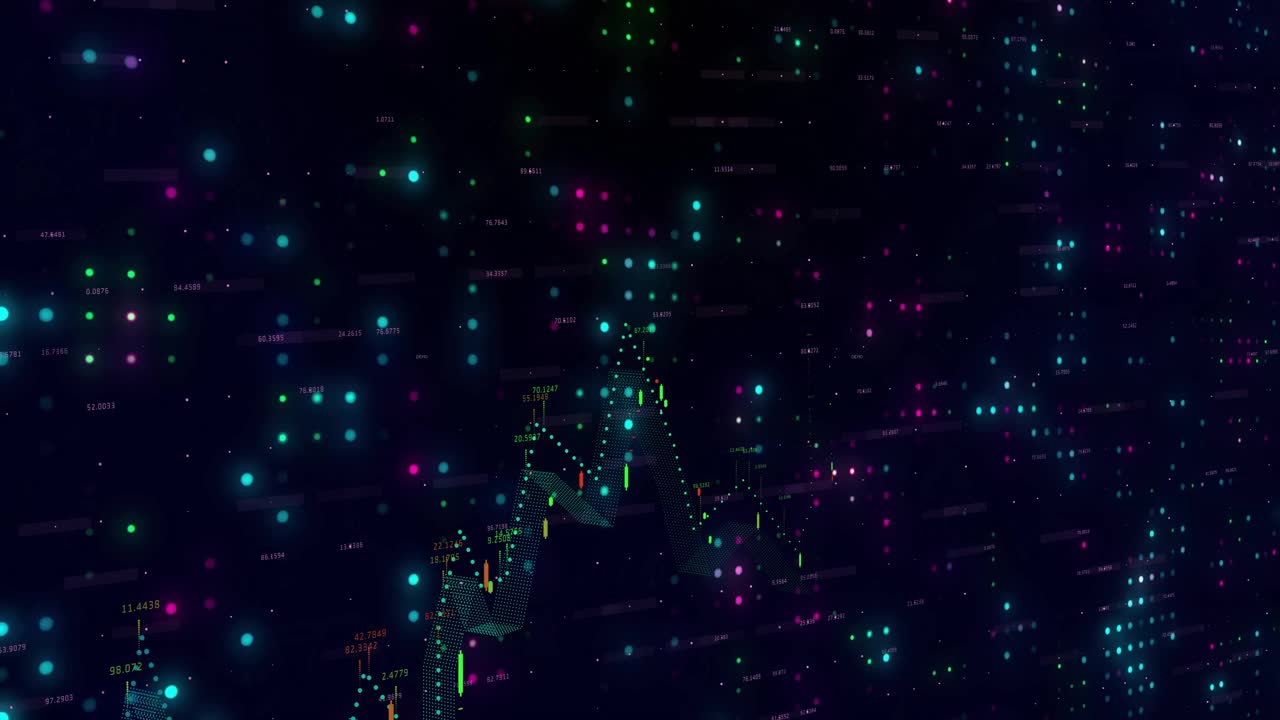 Upon data stream starting, neon line chart rising with candlesticks showing market growth visually