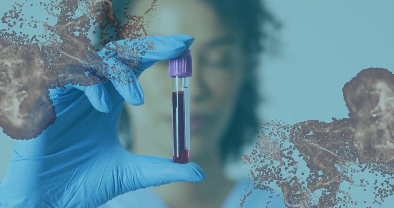 Nurse holding blood vial closeup starting cell layers floating over face for tests on teal backdrop
