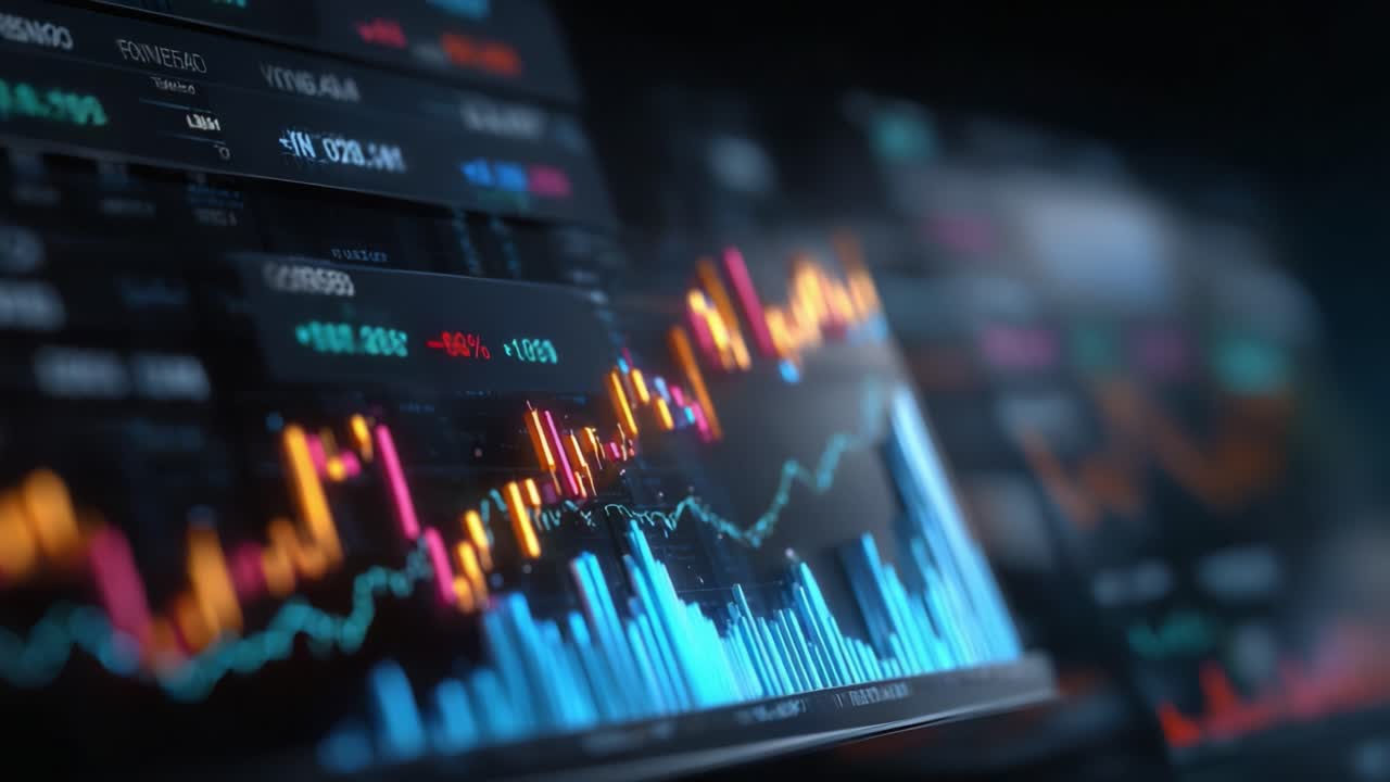 Dynamic Financial Market Analysis Displaying Colorful Stock Charts and Trading Data for Investors and Analysts in Real-Time Performance Evaluation