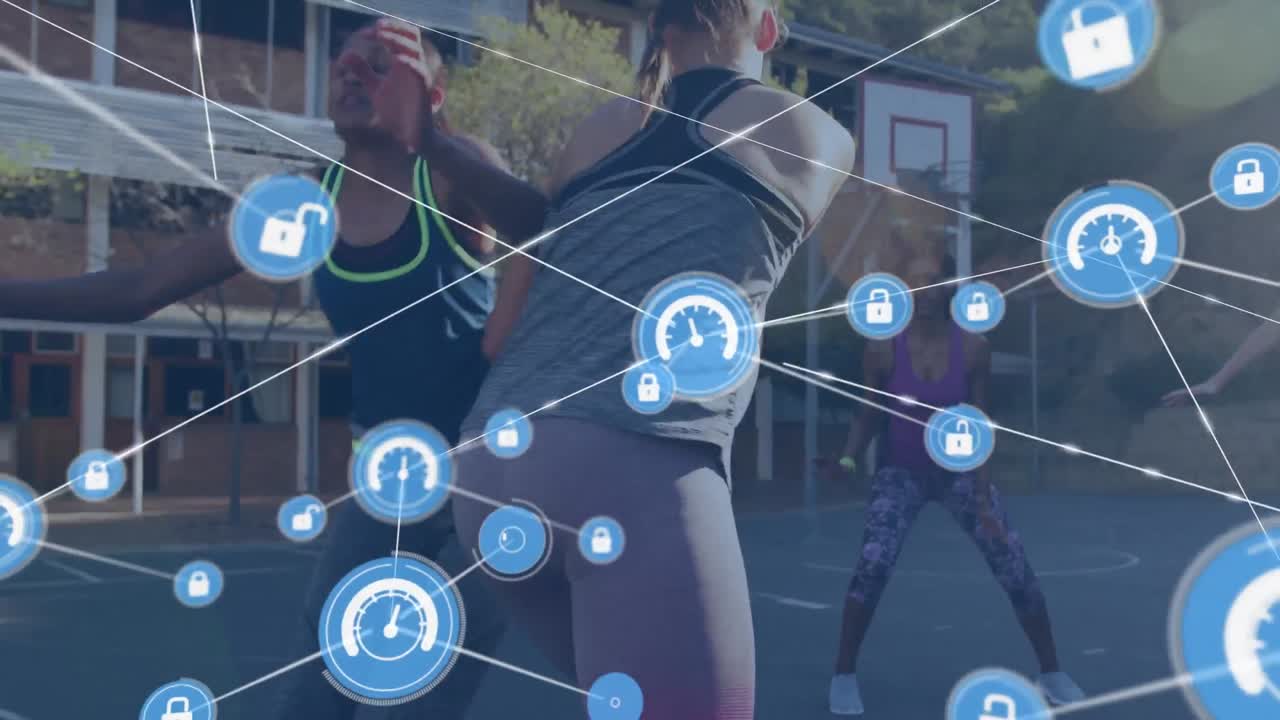 animación de redes de conexiones sobre jugadoras de baloncesto