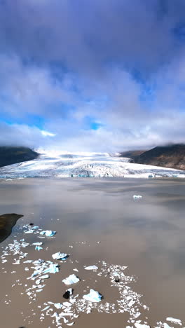 stunning glacier descends into the waterscape of a cocoa color with some ice pieces floating on the surface. clouds cover the blue sky. top view. vertical video.
