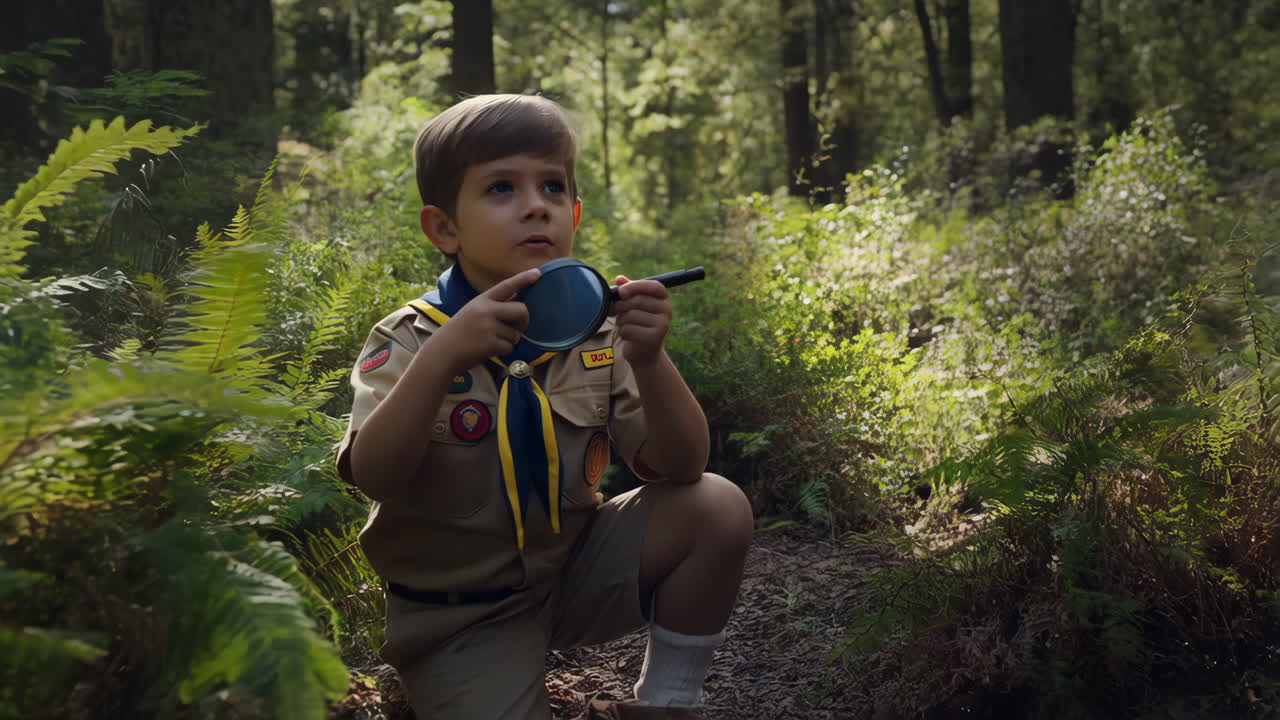 Young Boy Scout Exploring Nature with Magnifying Glass