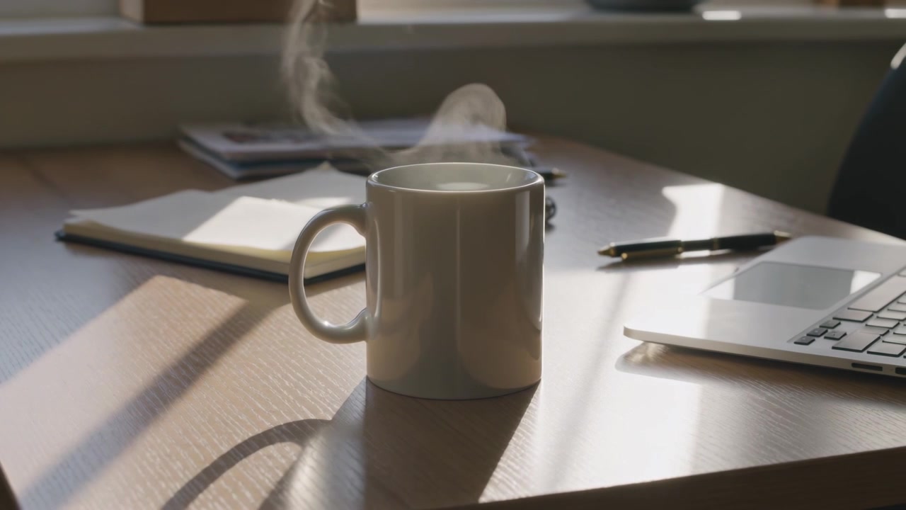 Tazza in ceramica bianca che rilascia vapore che si arriccia dal caffè che si raffredda su una scrivania illuminata dalla finestra, con laptop, penna