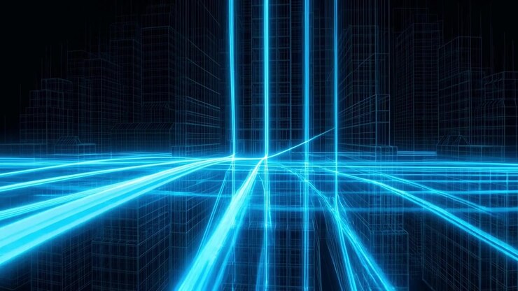 Paesaggio urbano digitale a wireframe con flussi di dati luminosi