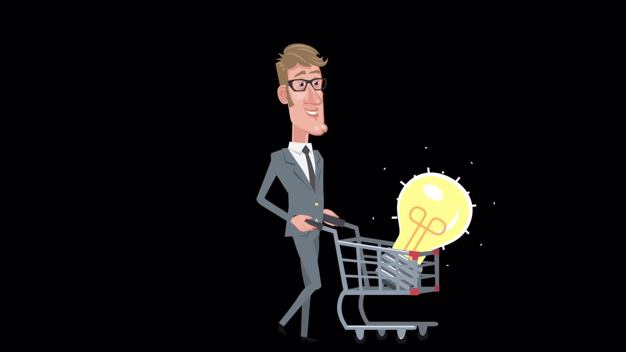 personaje de dibujos animados elegante hombre de negocios andar en bicicleta con carrito de compras y bombilla. concepto de negocio de comprar ideas. animación con canal alfa