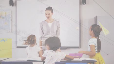 animation of digital screen over class of diverse teacher and pupils at school